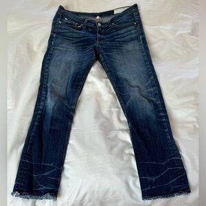Rag and Bone cropped ankle  slim to skinny low rise raw hem blue jeans size 28
